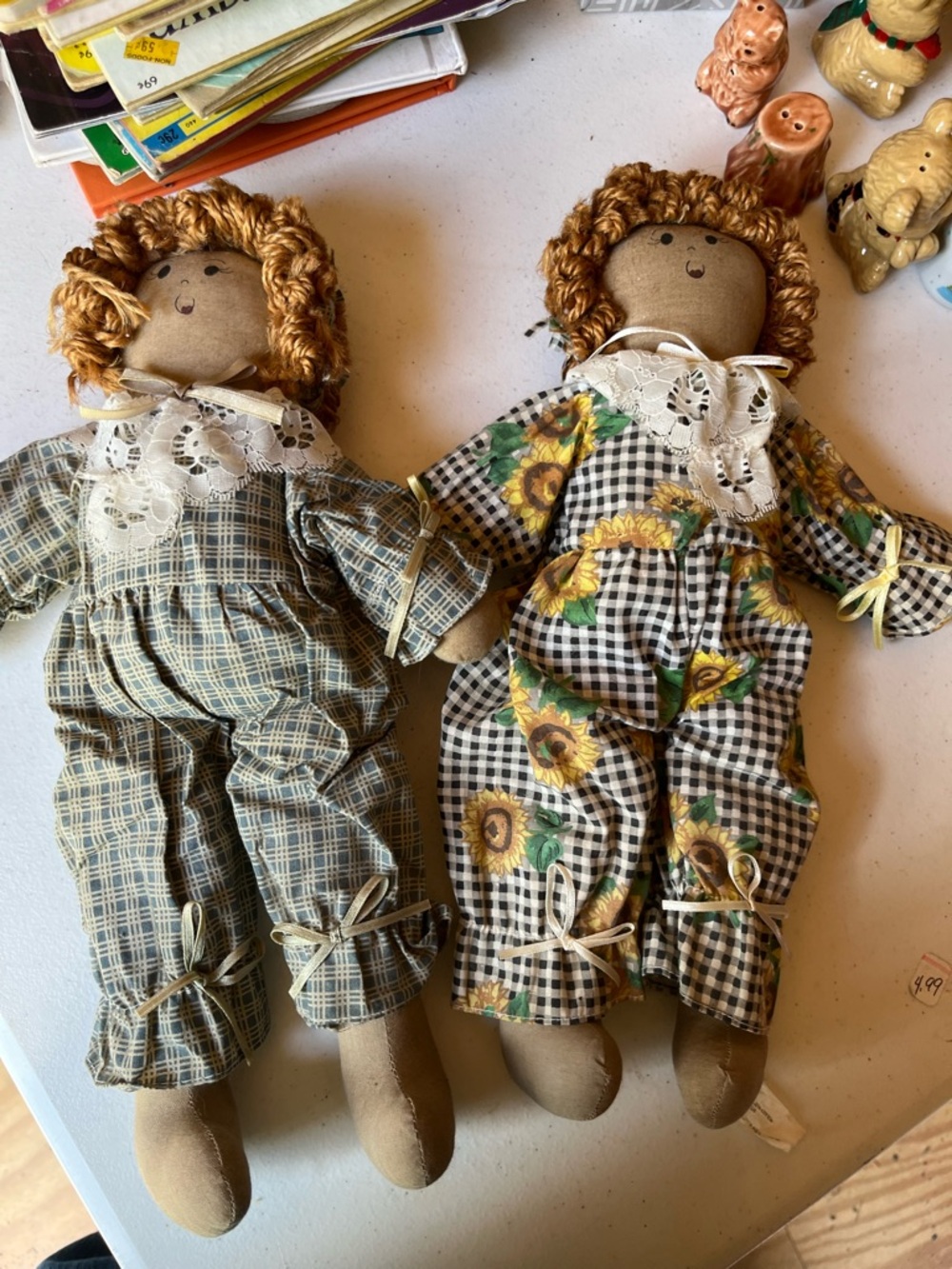 Handmade Rag Dolls Set - Brown Hair, Blue and black Gingham Outfits